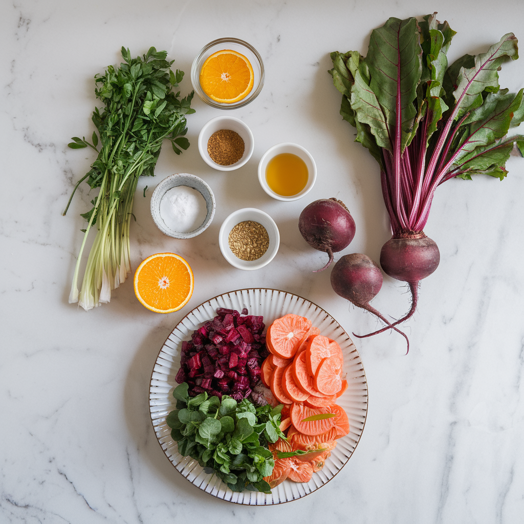 Ingredients for Vibrant Beetroot and Lentil Salad with Orange-Tahini Dressing