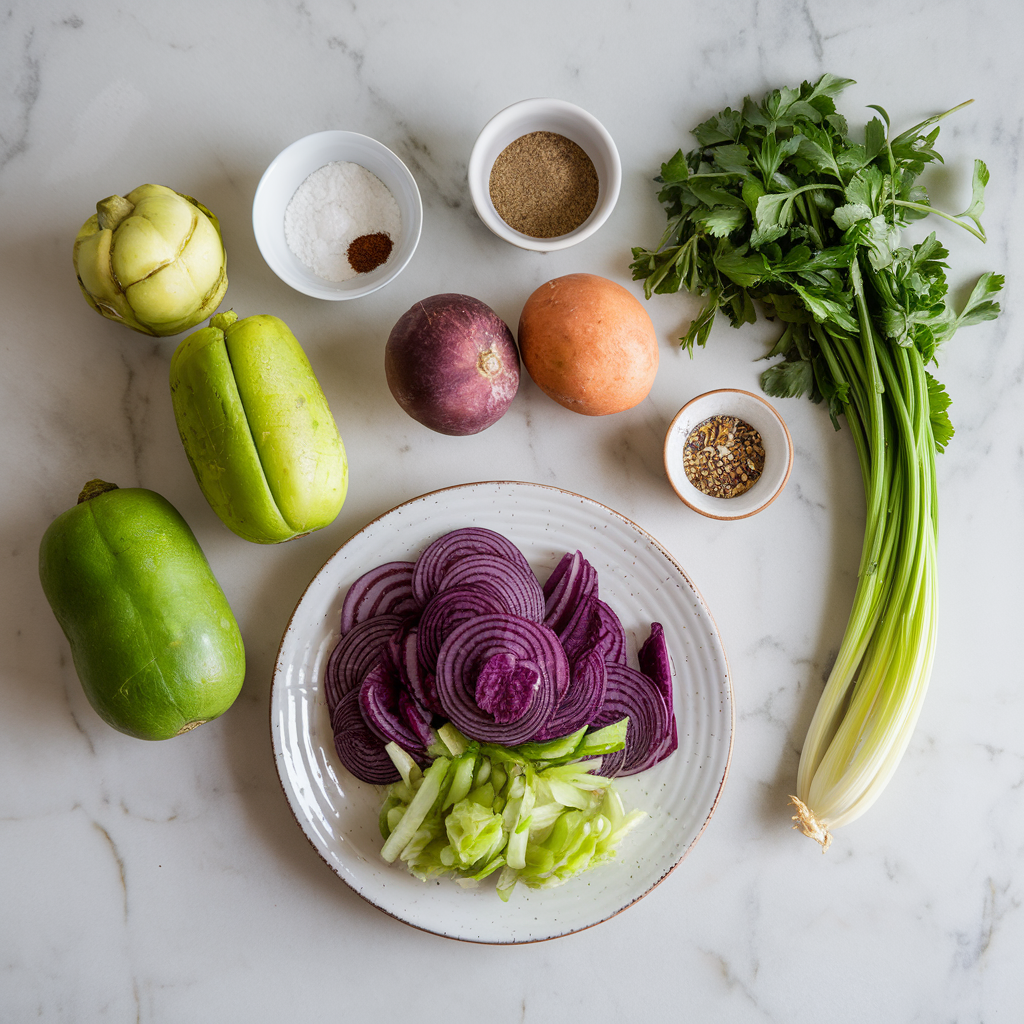 Ingredients for Vibrant Citrus-Balsamico Chayote and Roasted Purple Yam Salad