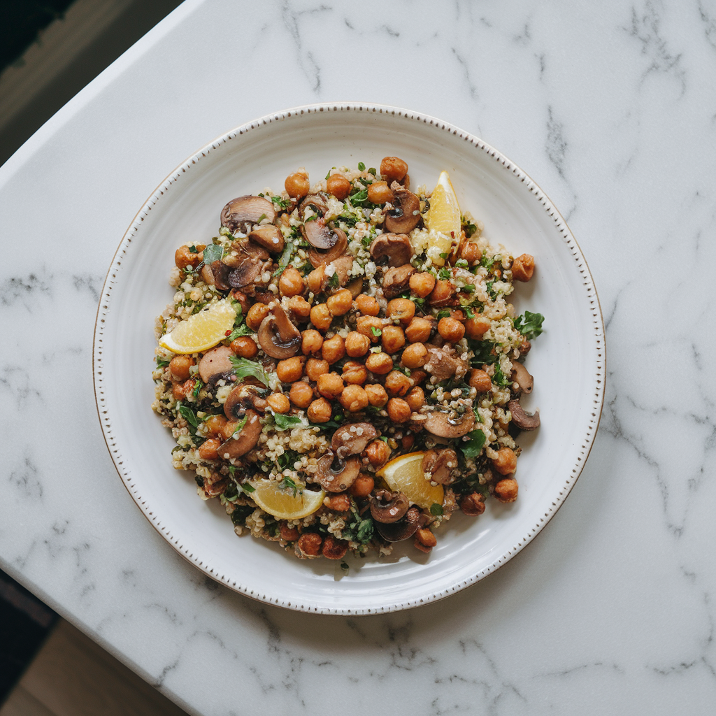 Vibrant Citrus Ginger Quinoa Salad with Marinated Mushrooms and Crispy Chickpeas