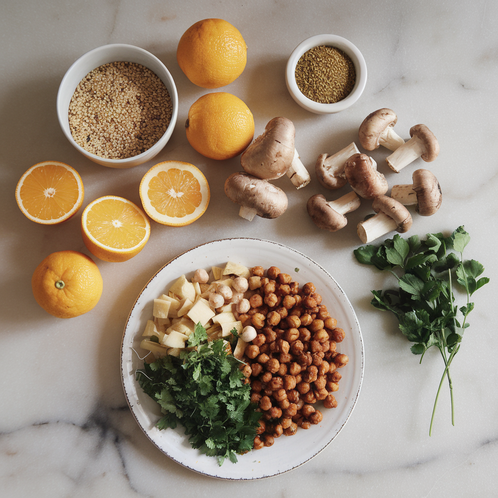 Ingredients for Vibrant Citrus Ginger Quinoa Salad with Marinated Mushrooms and Crispy Chickpeas