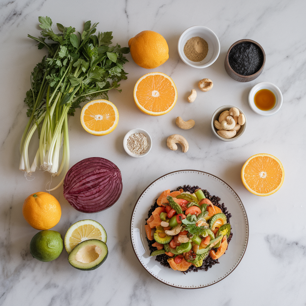 Ingredients for Vibrant Citrus-Infused Jackfruit and Black Rice Salad with Avocado-Cashew Dressing