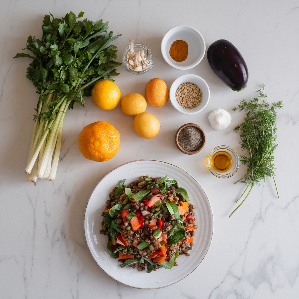 Ingredients for Vibrant Citrus-Spiced Lentil and Charred Eggplant Salad