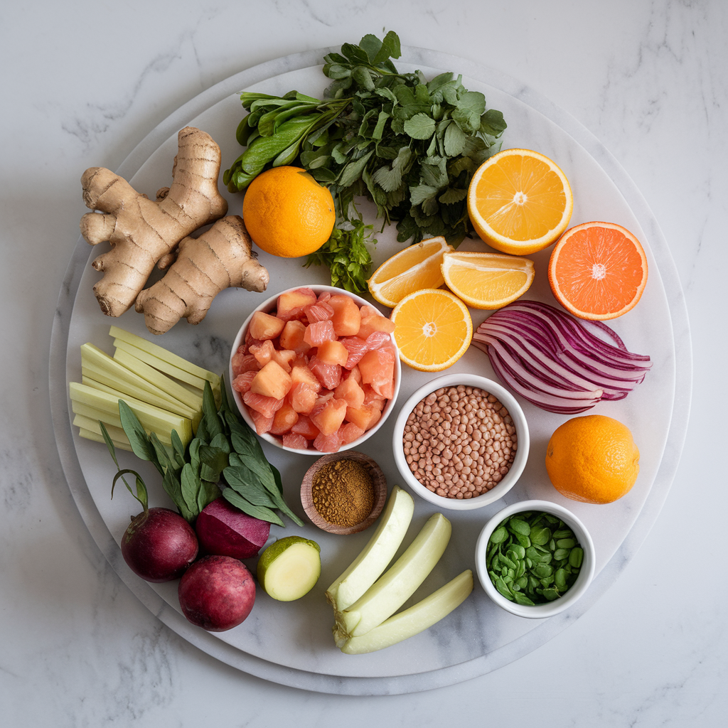 Ingredients for Vibrant Ginger-Citrus Jackfruit and Lentil Salad Bowl