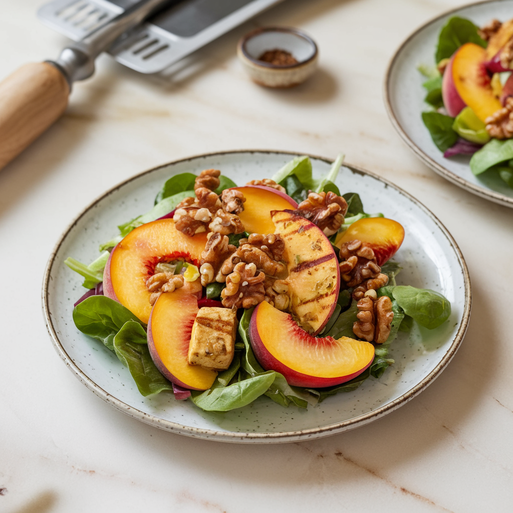 Vibrant Grilled Peach and Tempeh Salad with Spiced Walnut Dressing