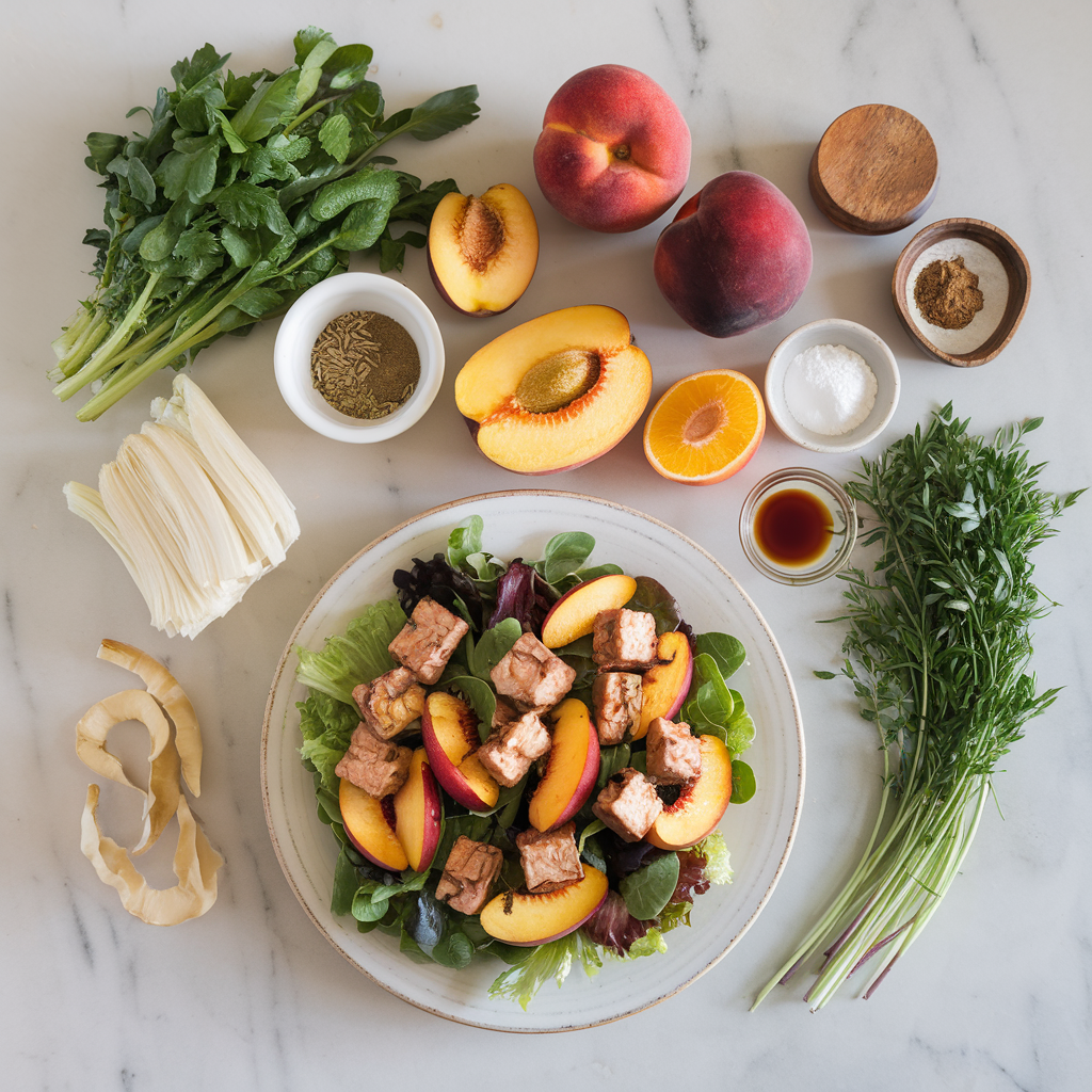 Ingredients for Vibrant Grilled Peach and Tempeh Salad with Spiced Walnut Dressing