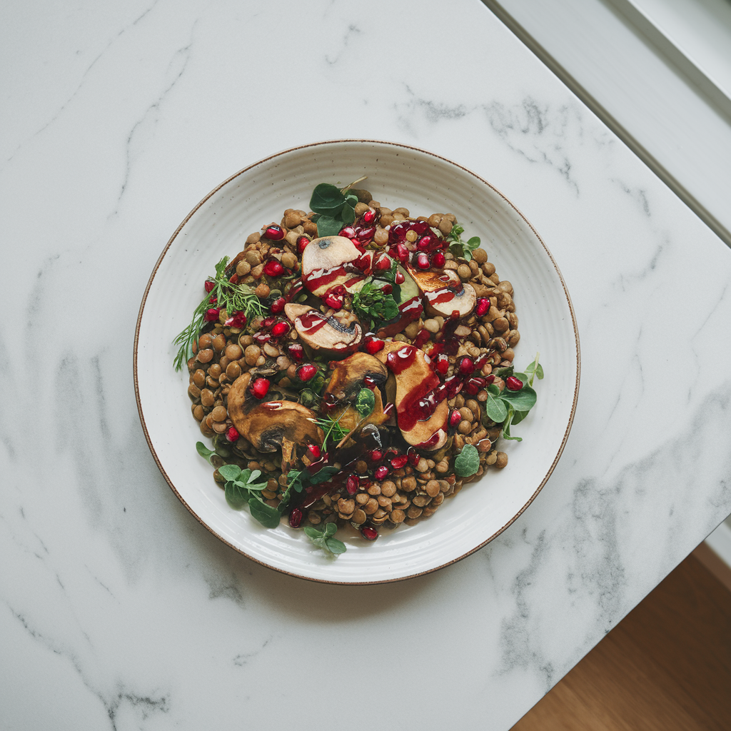 Vibrant Herb-Infused Lentil and Roasted Mushroom Salad with Pomegranate Drizzle