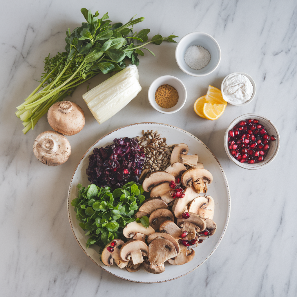 Ingredients for Vibrant Herb-Infused Lentil and Roasted Mushroom Salad with Pomegranate Drizzle