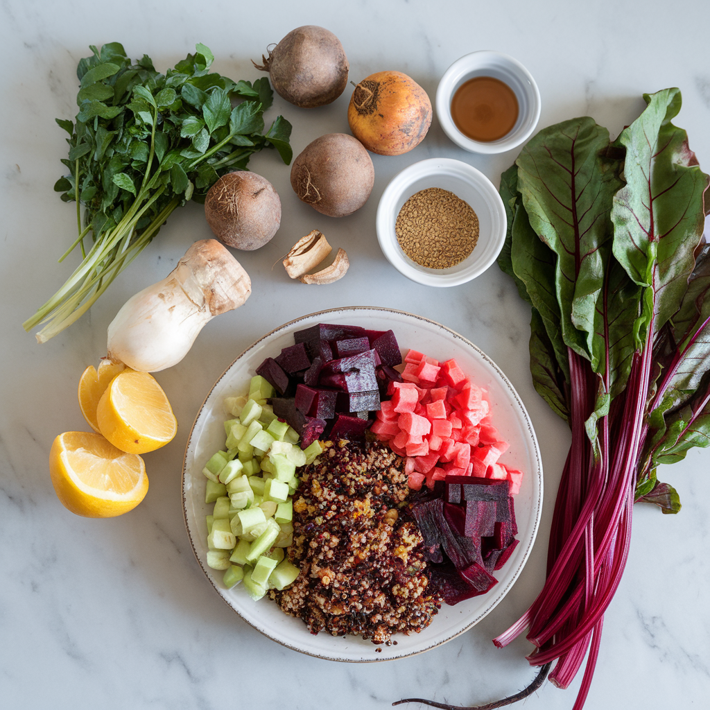 Ingredients for Vibrant Jackfruit and Roasted Beetroot Salad with Spiced Quinoa