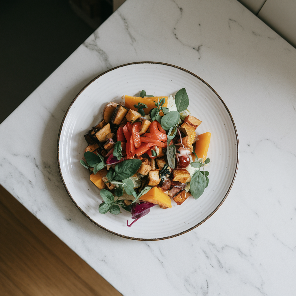 Vibrant Jackfruit and Roasted Root Vegetable Salad with Citrus Miso Dressing