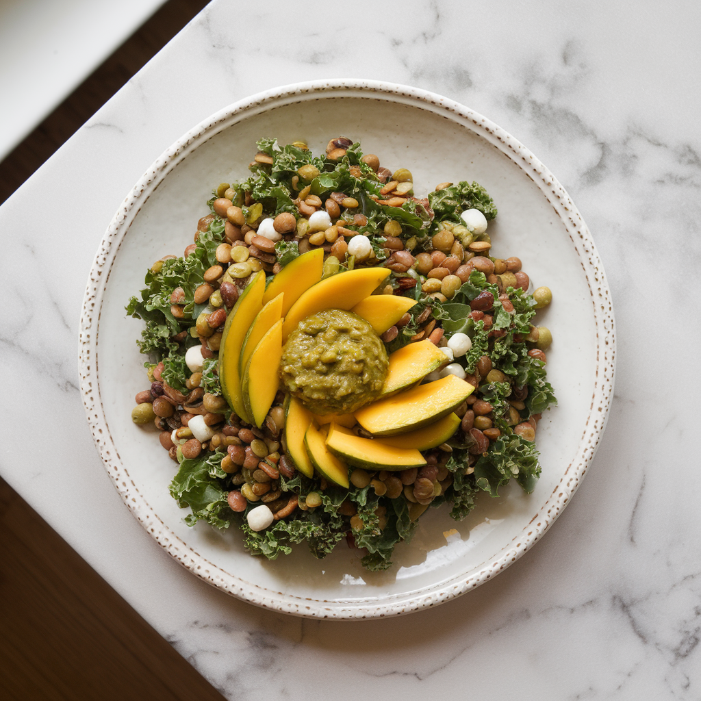 Vibrant Mango & Lentil Kale Salad with Pepita Pesto