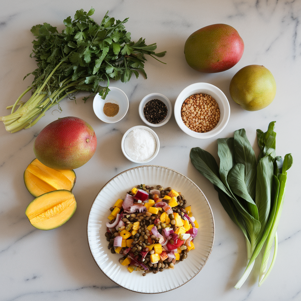 Ingredients for Vibrant Mango-Lentil Salad with Spicy Tamarind Dressing