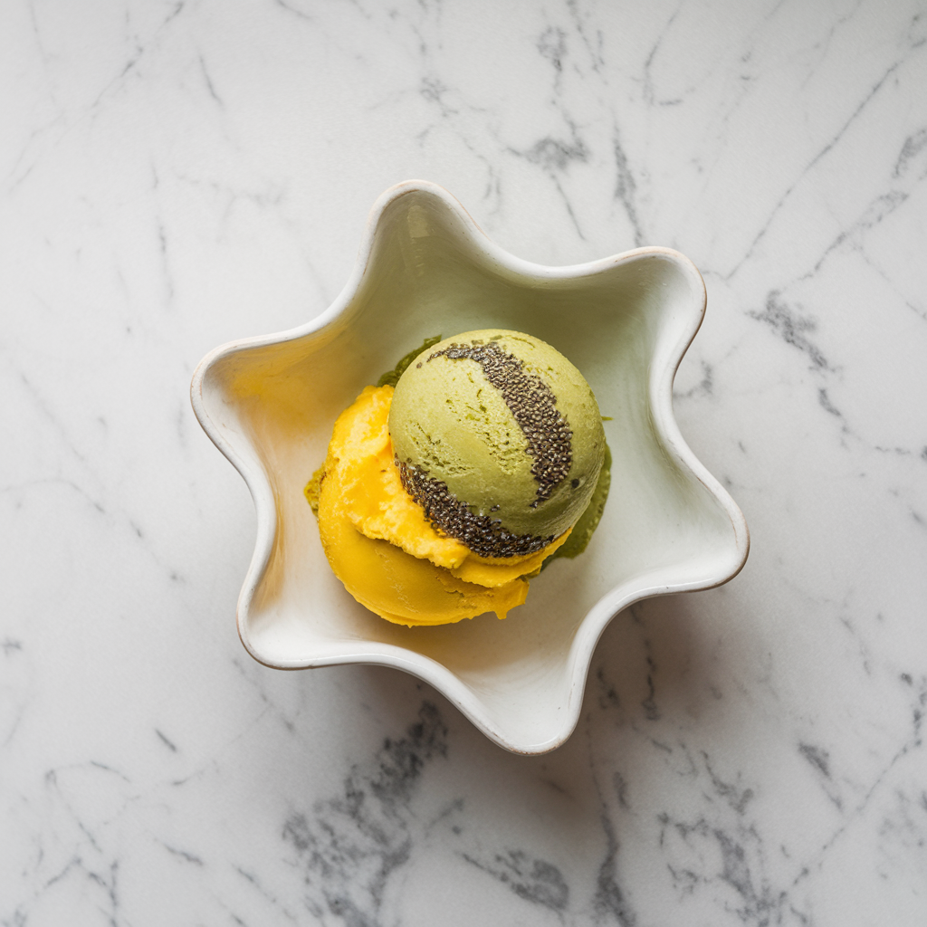 Vibrant Matcha and Mango Sorbet with Chia Coconut Swirl