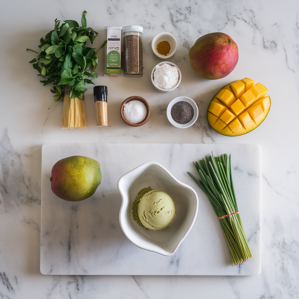 Ingredients for Vibrant Matcha and Mango Sorbet with Chia Coconut Swirl