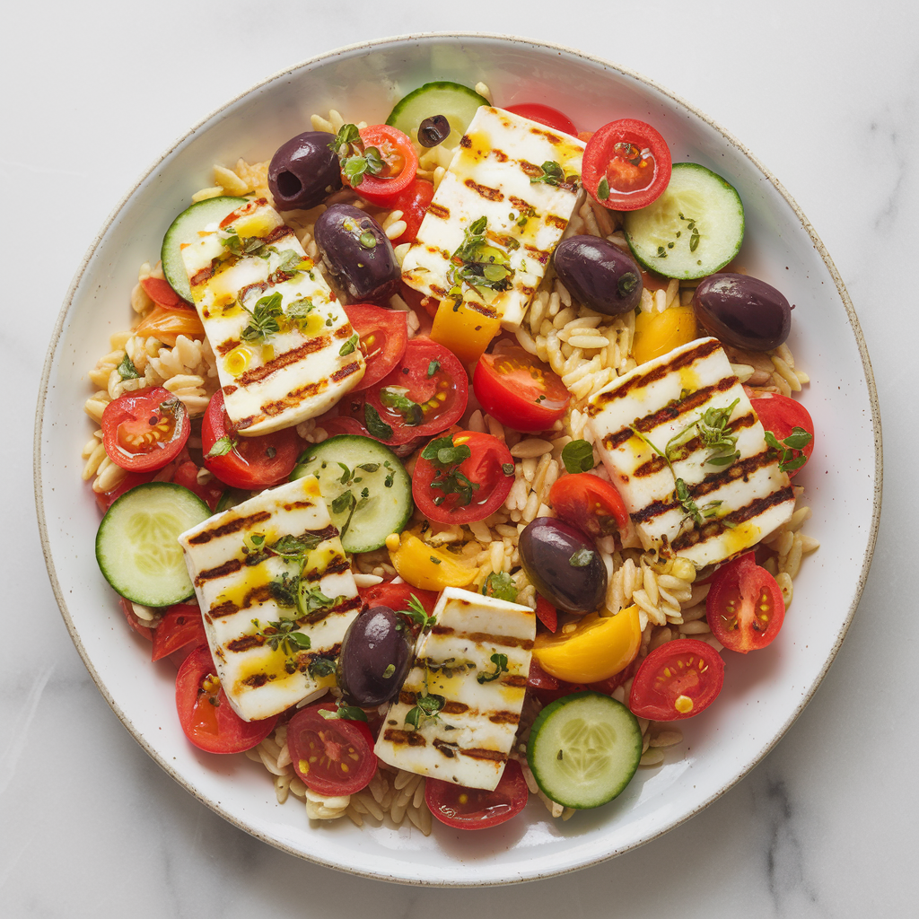 Vibrant Mediterranean Orzo Salad with Lemon-Herb Grilled Halloumi