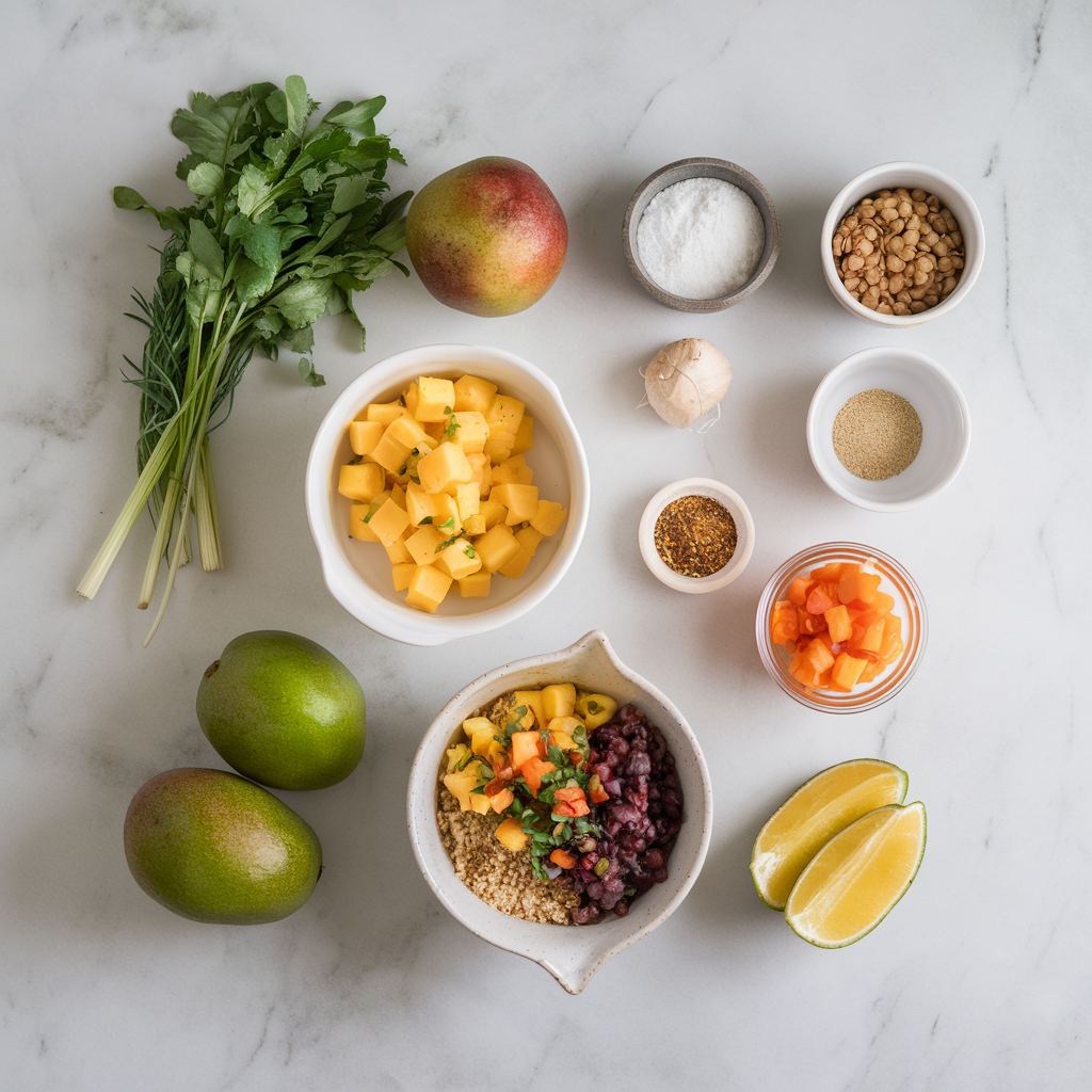 Ingredients for Vibrant Morning Lentil & Quinoa Breakfast Bowl with Spicy Mango Salsa