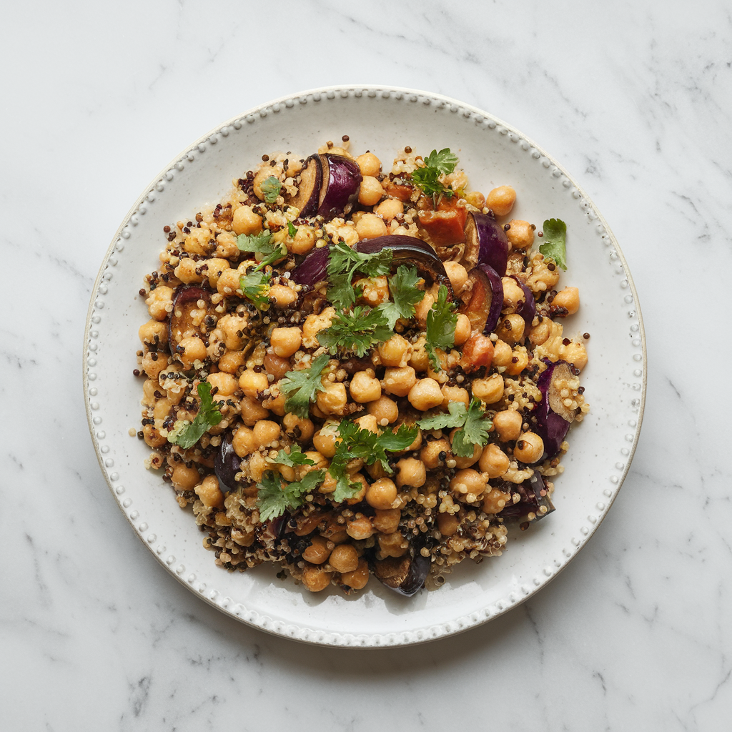 Vibrant Moroccan Spice-Roasted Eggplant & Chickpea Salad with Herbed Quinoa