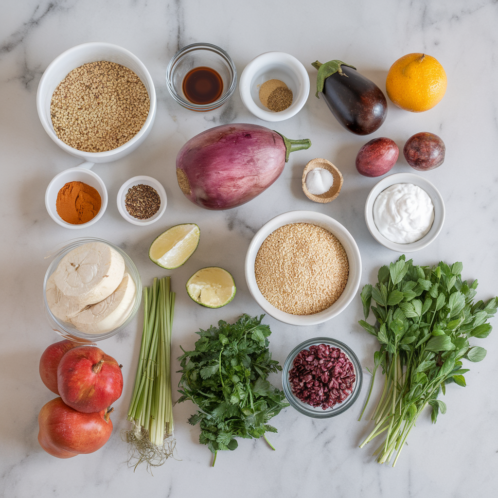 Ingredients for Vibrant Moroccan Spice-Roasted Eggplant & Chickpea Salad with Herbed Quinoa