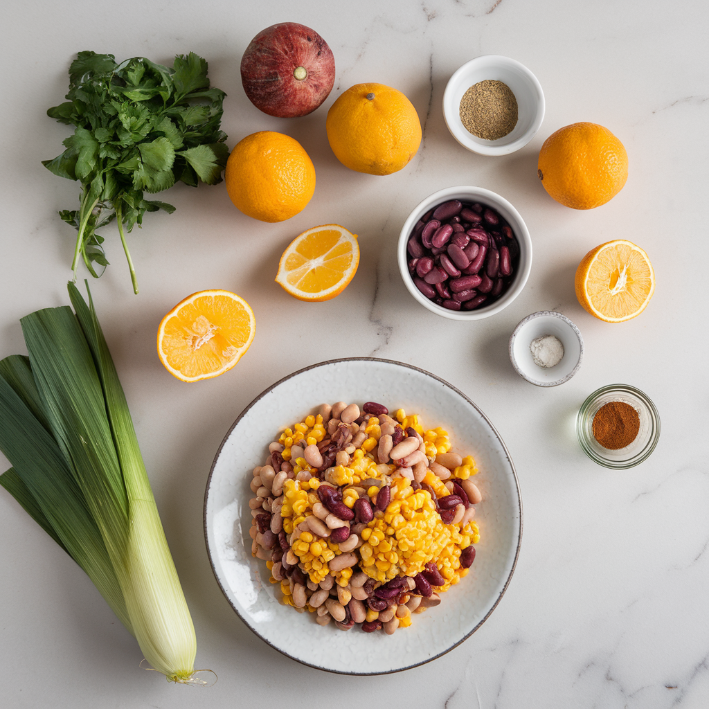 Ingredients for Vibrant Nixtamalized Corn and Heirloom Bean Salad with Spicy Citrus Dressing
