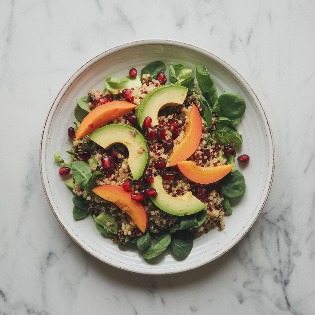 Vibrant Persimmon and Avocado Salad with Pomegranate-Infused Quinoa
