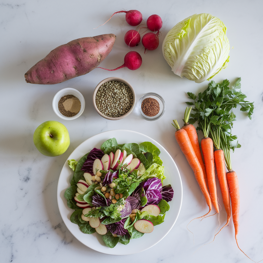 Ingredients for Vibrant Purple Sweet Potato & Lentil Harvest Salad