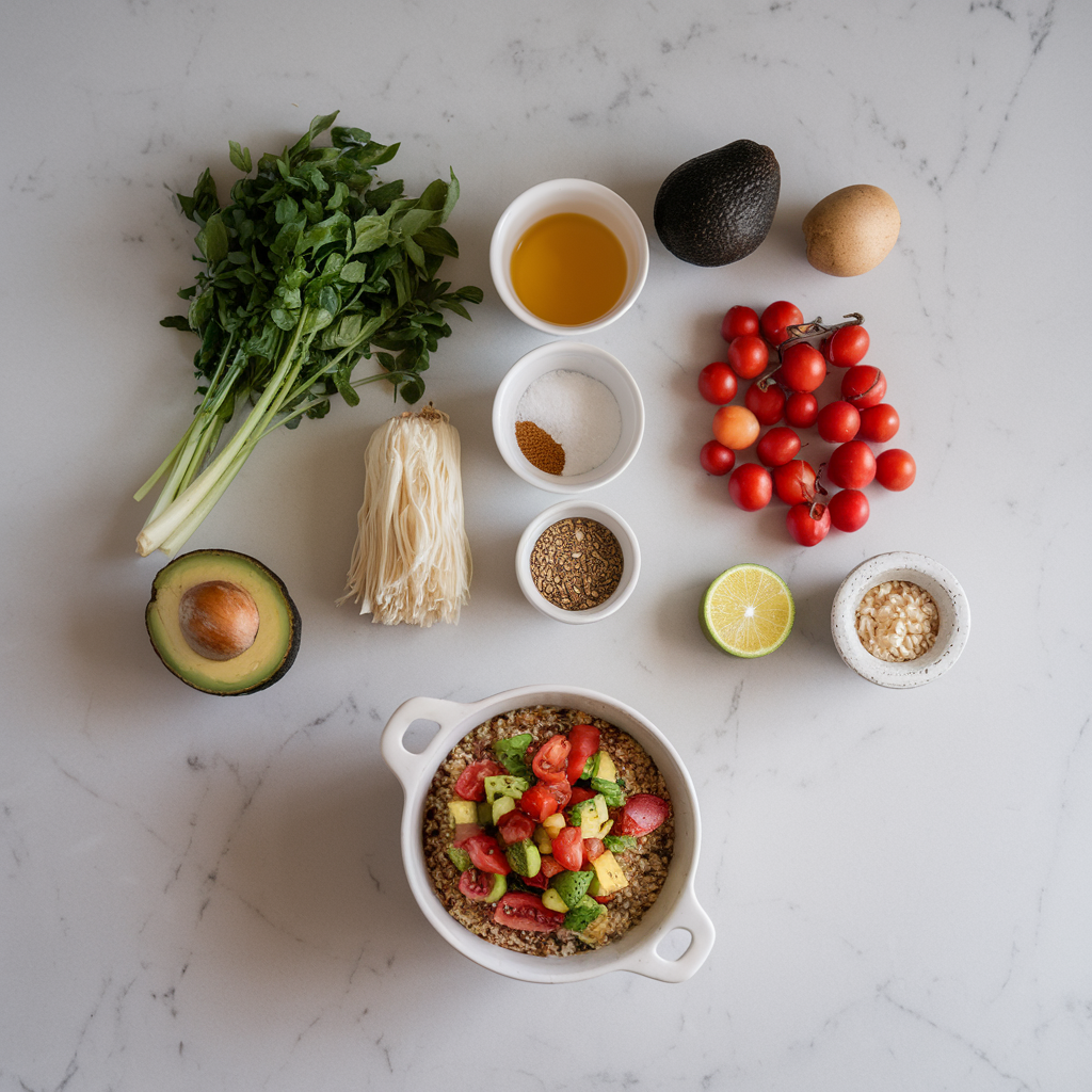 Ingredients for Vibrant Quinoa Breakfast Skillet with Avocado and Tomato Salsa