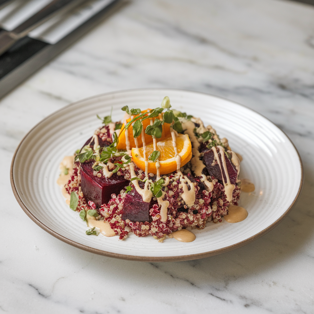 Vibrant Roasted Beet & Kumquat Quinoa Salad with Herby Tahini Drizzle