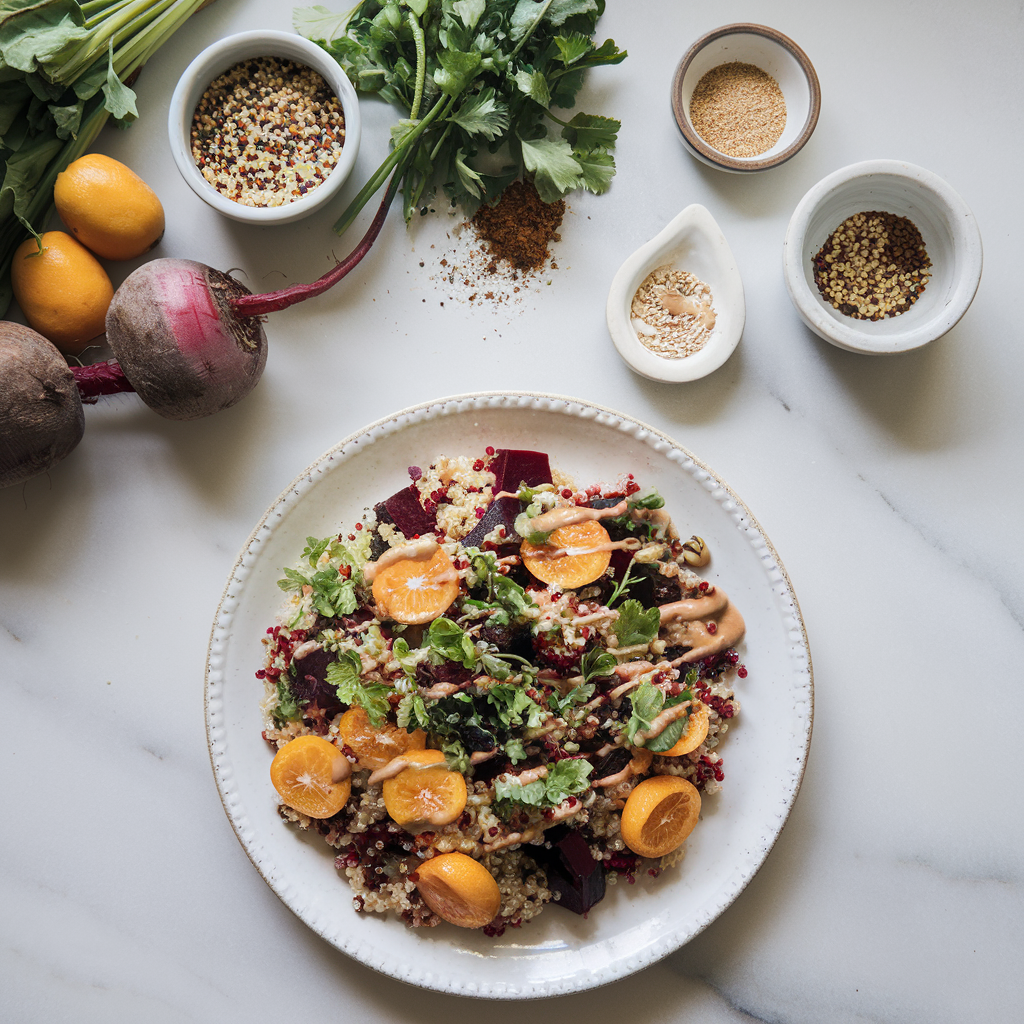 Ingredients for Vibrant Roasted Beet & Kumquat Quinoa Salad with Herby Tahini Drizzle
