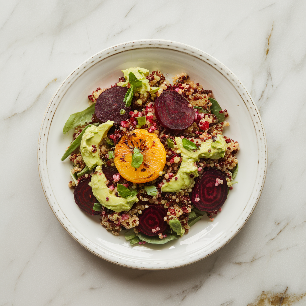 Vibrant Roasted Beet, Quinoa, and Charred Citrus Salad with Avocado Tahini Dressing
