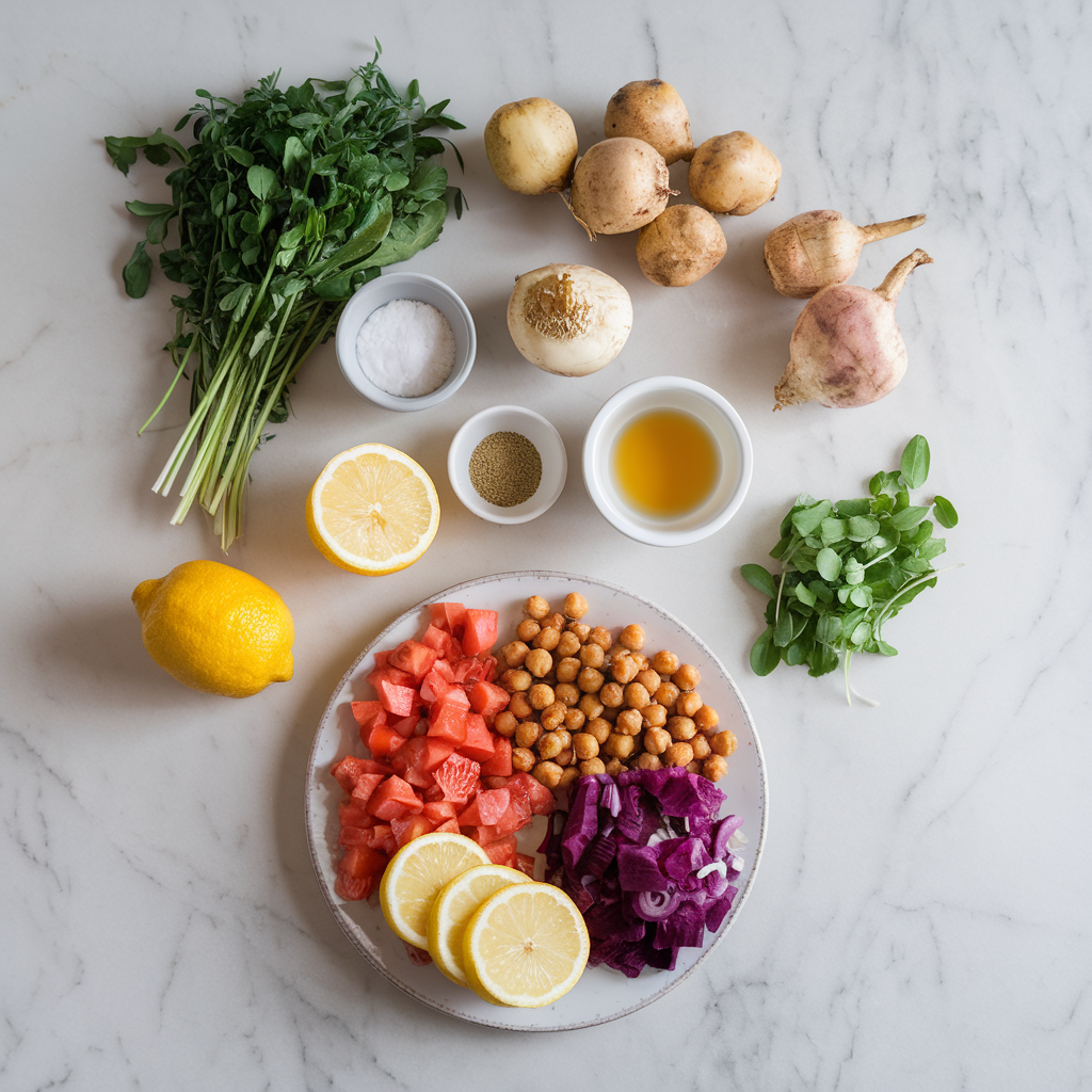 Ingredients for Vibrant Roasted Chickpea and Sunchoke Salad with Lemon-Tahini Dressing