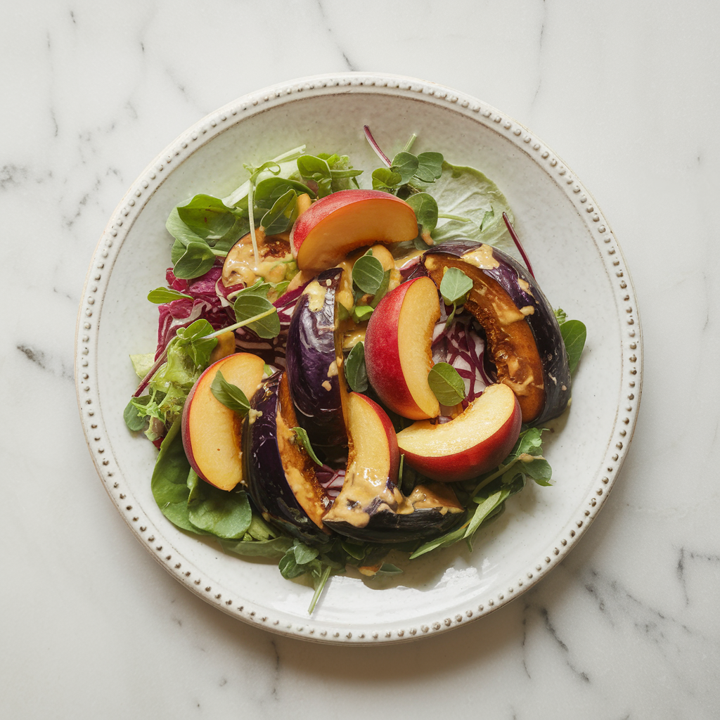Vibrant Roasted Eggplant and Nectarine Salad with Tahini Ginger Dressing