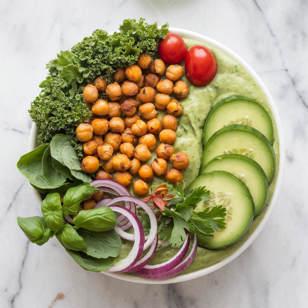 Ingredients for Vibrant Savory Breakfast Smoothie Bowl with Chickpea Croutons