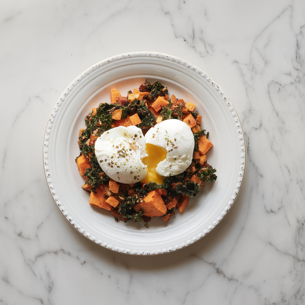 Vibrant Sweet Potato & Kale Breakfast Hash with Poached Eggs