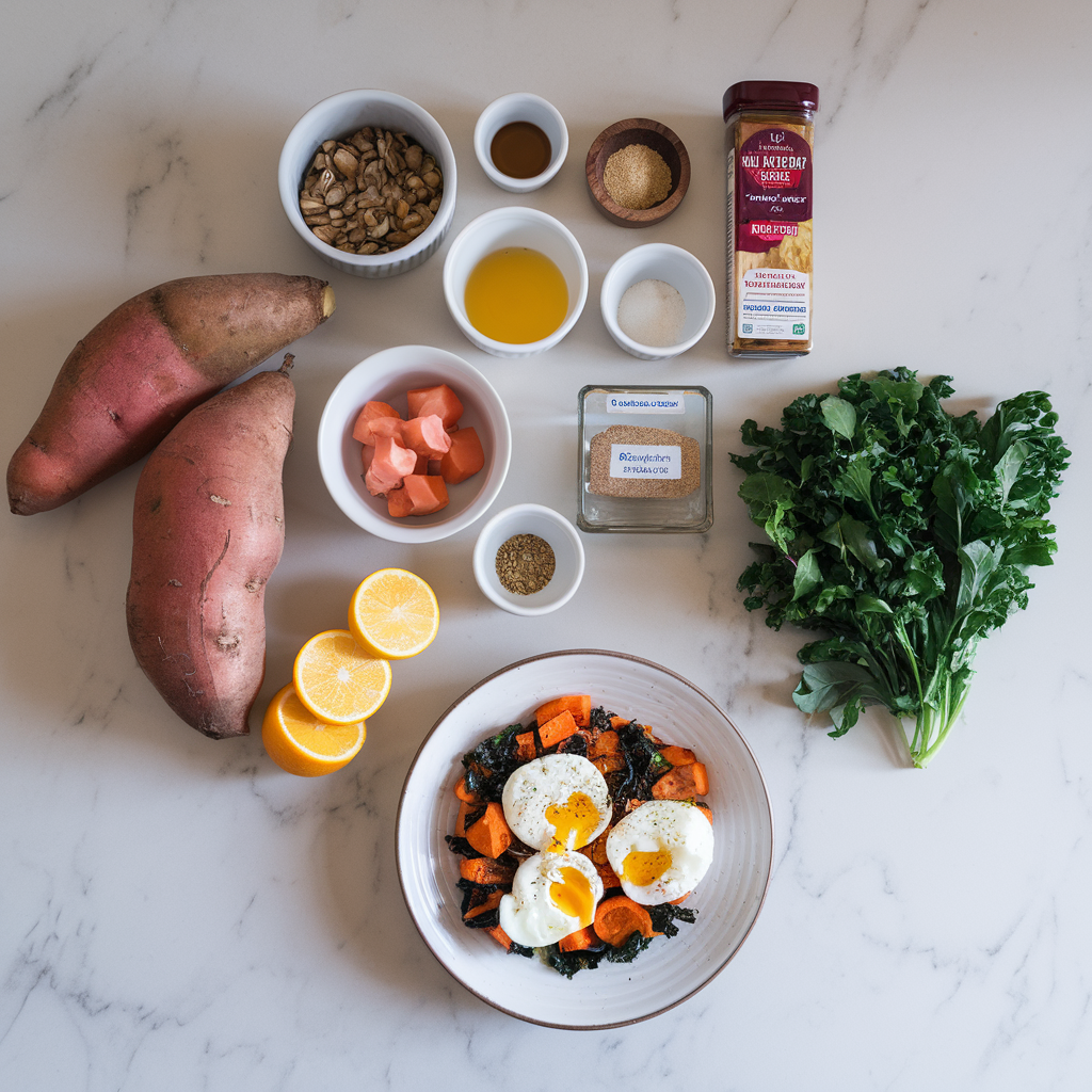 Ingredients for Vibrant Sweet Potato & Kale Breakfast Hash with Poached Eggs