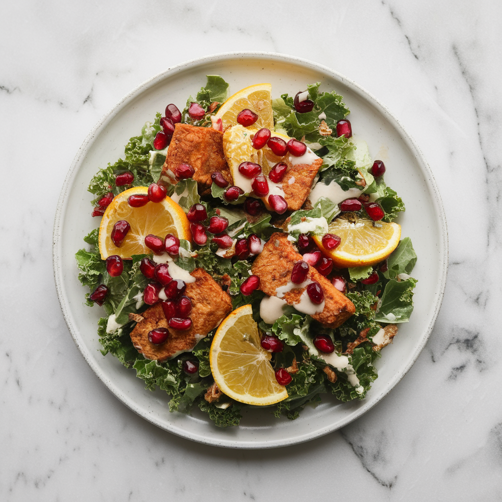 Vibrant Tempeh Citrus Kale Salad with Pomegranate Drizzle