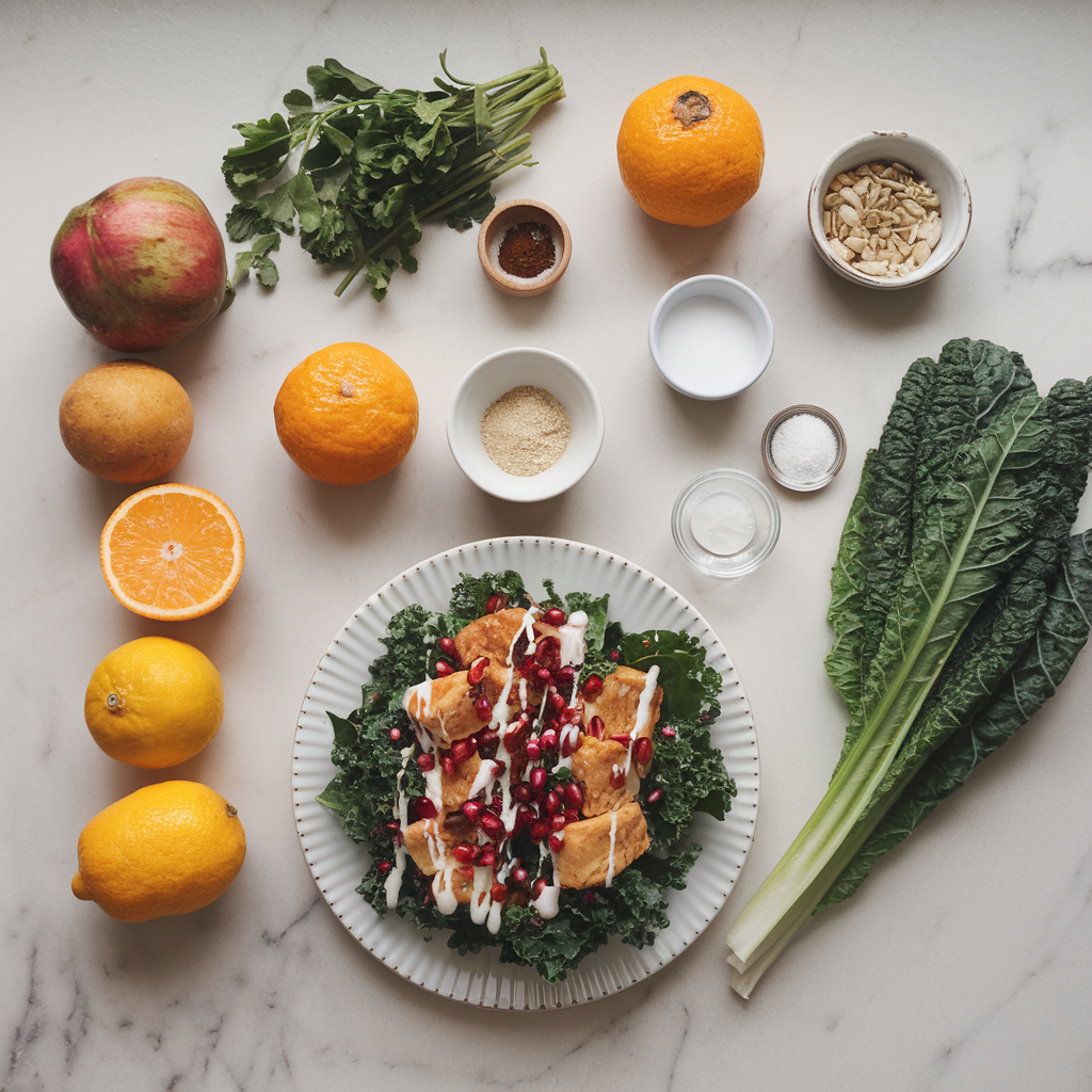 Ingredients for Vibrant Tempeh Citrus Kale Salad with Pomegranate Drizzle