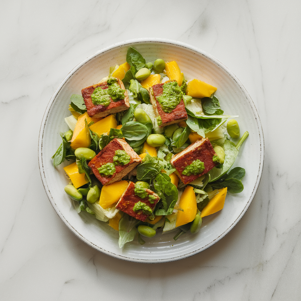 Vibrant Tempeh and Mango Herb Salad with Edamame Pesto