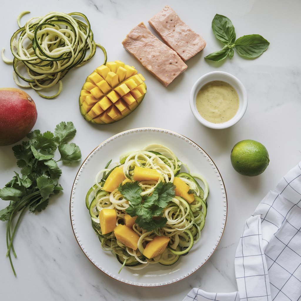 Ingredients for Vibrant Tempeh and Mango Spiralized Salad with Ginger Lime Dressing