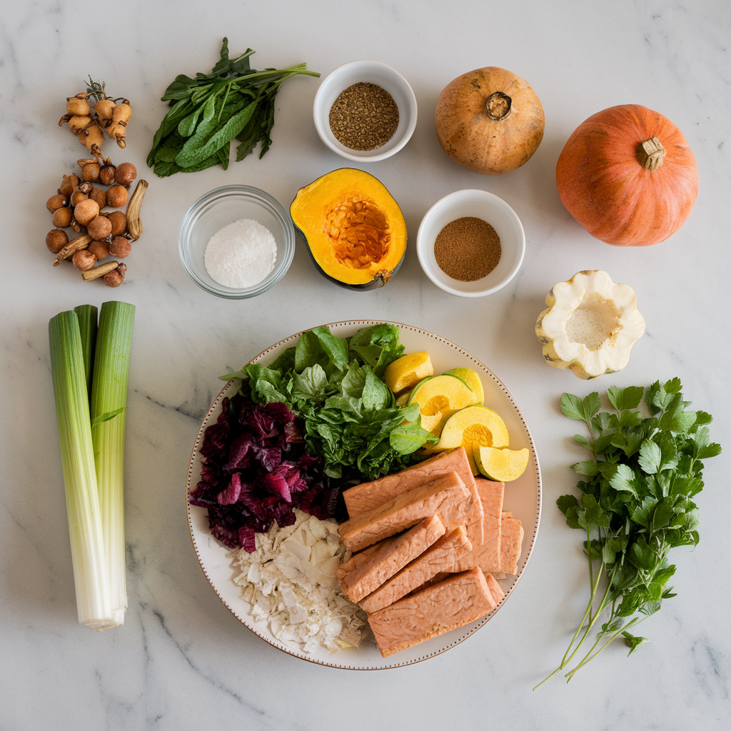 Ingredients for Vibrant Tempeh and Roasted Kabocha Squash Salad with Spiced Pomegranate Dressing