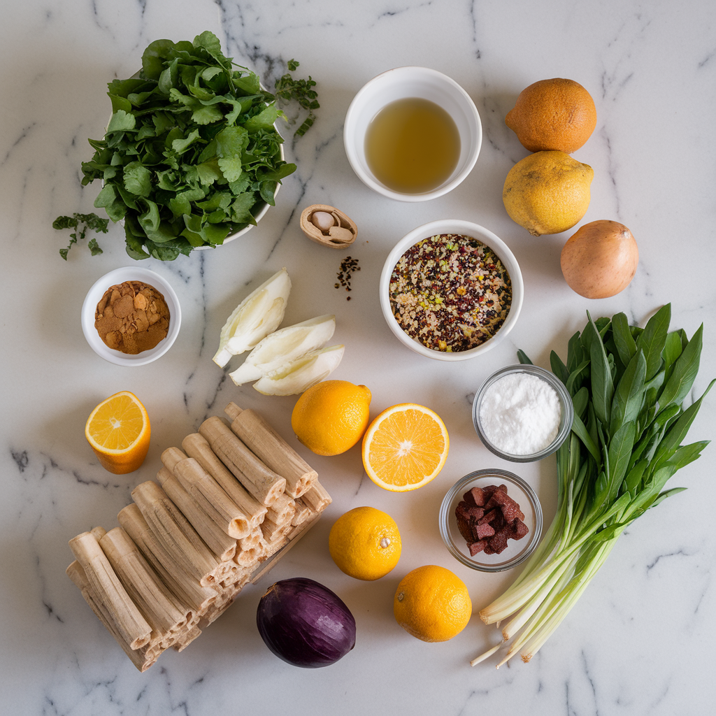 Ingredients for Vibrant Thai Jackfruit and Quinoa Salad with Citrus-Ginger Dressing
