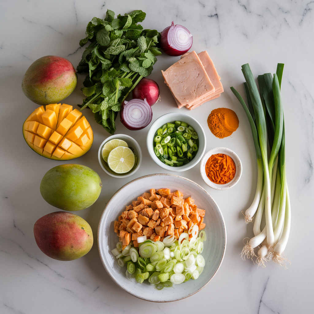 Ingredients for Vibrant Thai-Inspired Mango Tempeh Salad with Crunchy Peanut-Lime Dressing