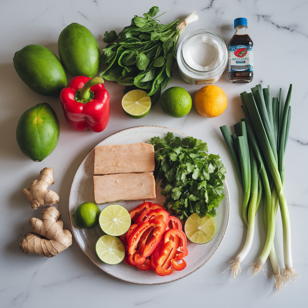 Ingredients for Vibrant Thai Papaya & Grilled Tempeh Salad with Coconut-Lime Dressing
