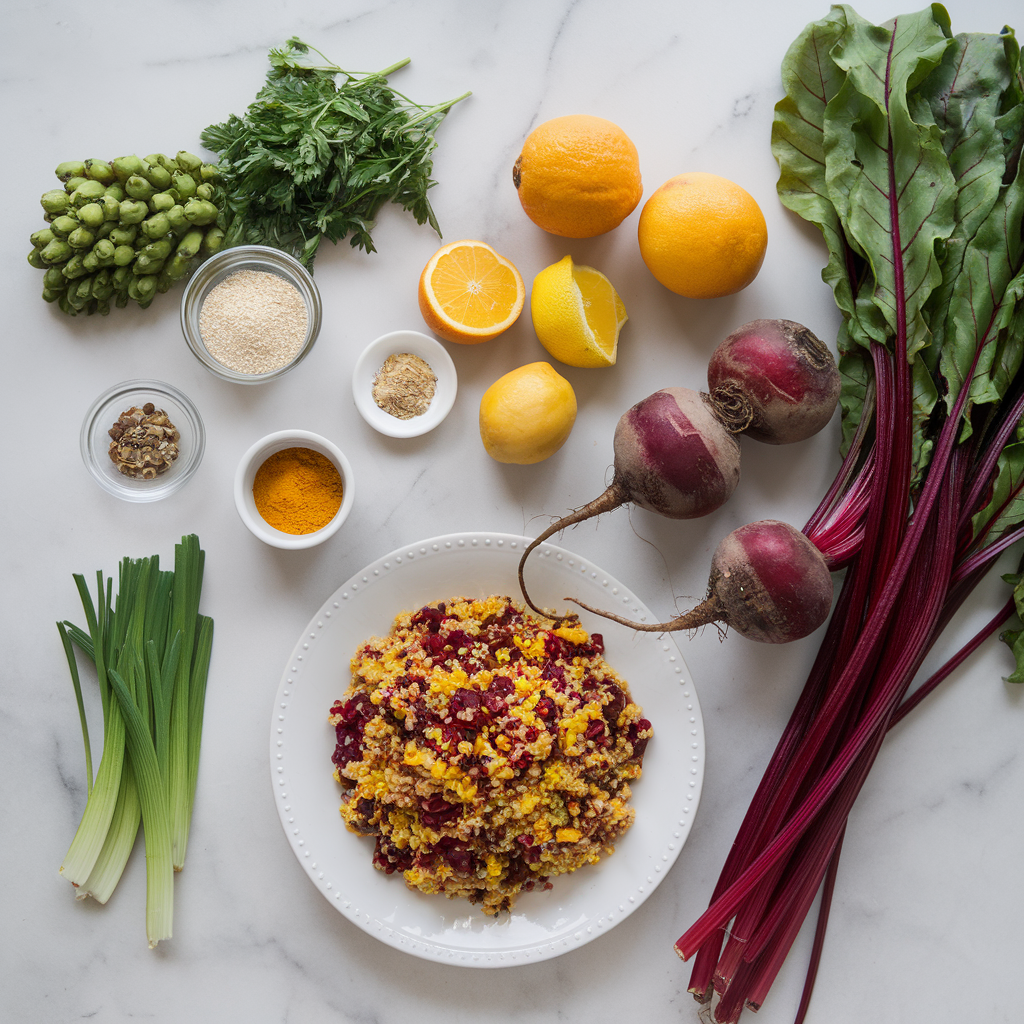 Ingredients for Vibrant Turmeric-Infused Quinoa & Roasted Beetroot Salad with Citrus-Ginger Dressing