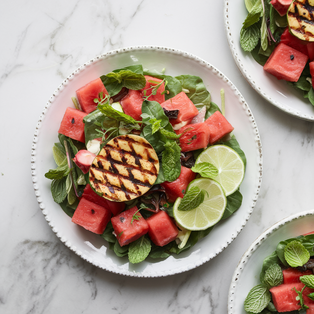 Vibrant Watermelon and Grilled Seitan Salad with Lime-Mint Dressing