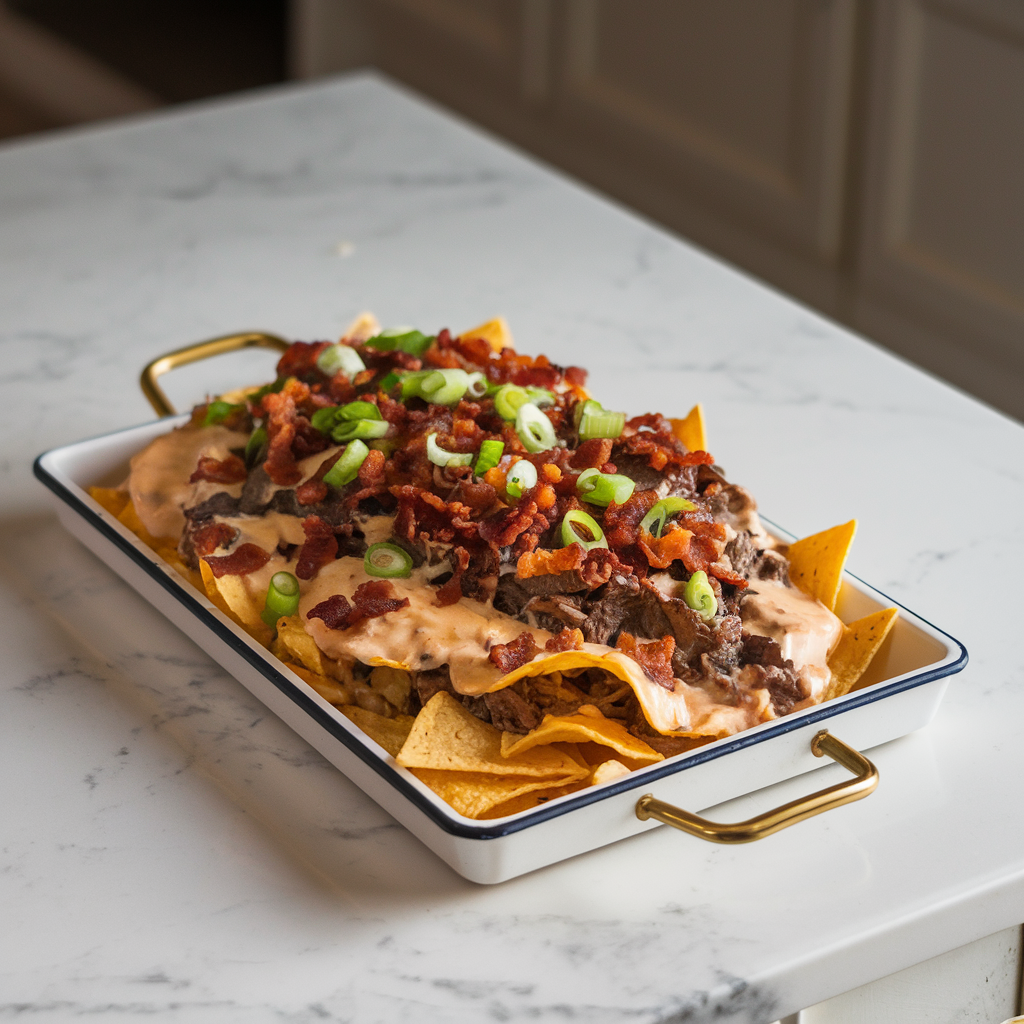 Whiskey-Bacon Braised Beef Loaded Skillet Nachos