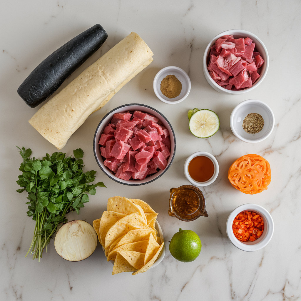 Ingredients for Whiskey-Bacon Braised Beef Loaded Skillet Nachos