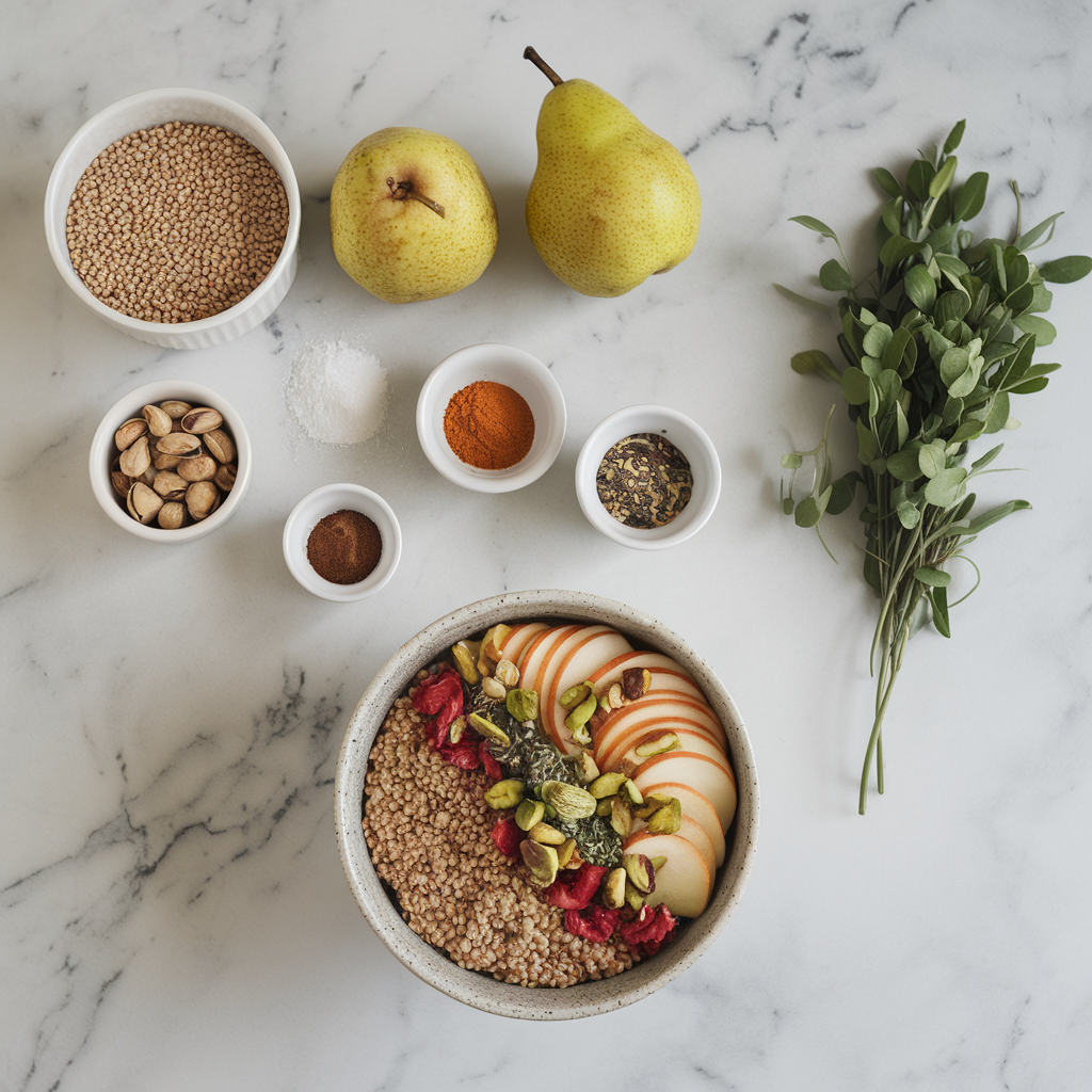 Ingredients for Wholesome Amaranth Breakfast Bowl with Spiced Pear & Pistachios