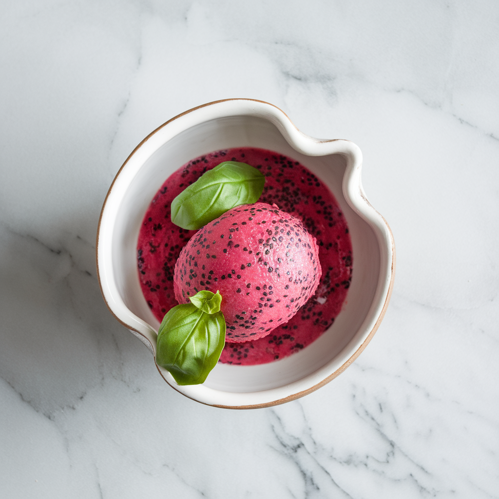 Wholesome Chia-Infused Dragonfruit Sorbet with Basil Essence
