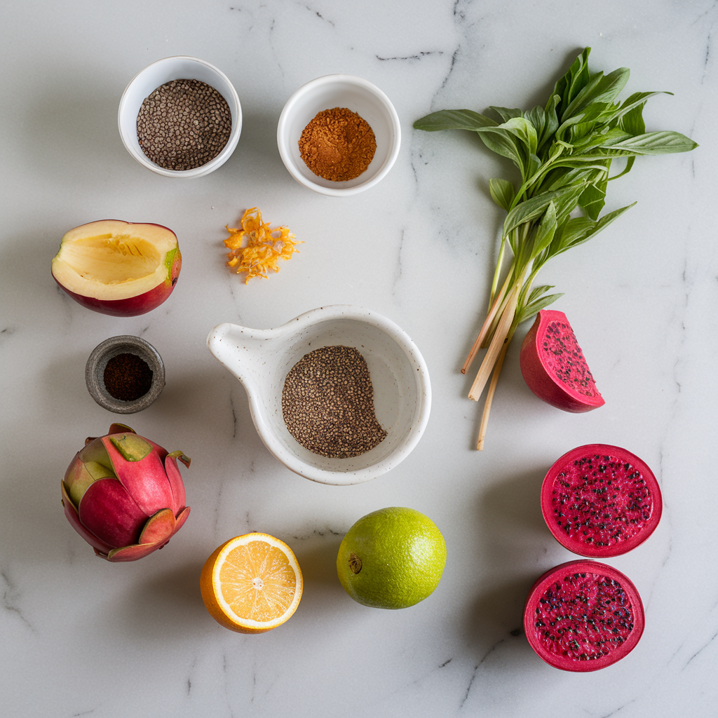 Ingredients for Wholesome Chia-Infused Dragonfruit Sorbet with Basil Essence