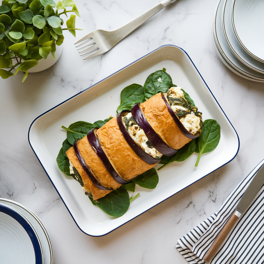 Wholesome Eggplant Roulades with Cauliflower Ricotta and Spinach