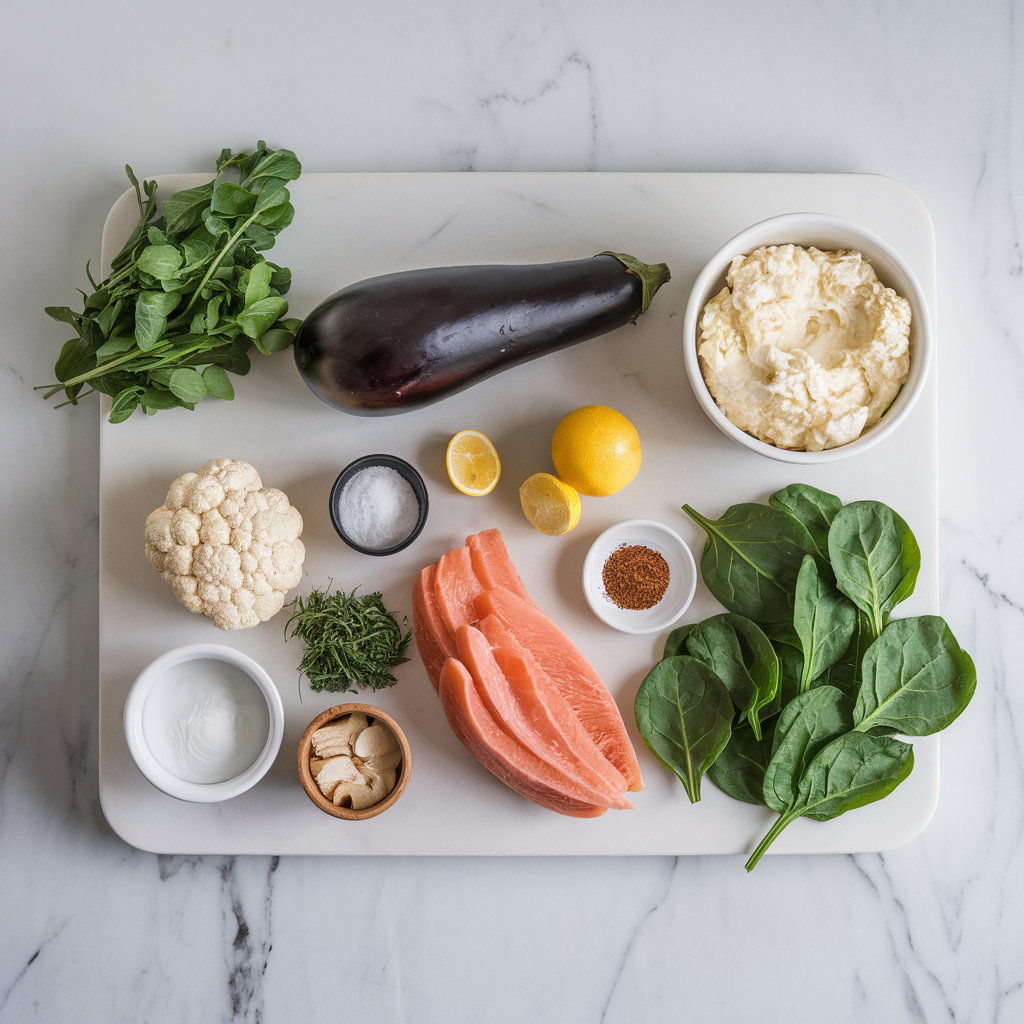 Ingredients for Wholesome Eggplant Roulades with Cauliflower Ricotta and Spinach